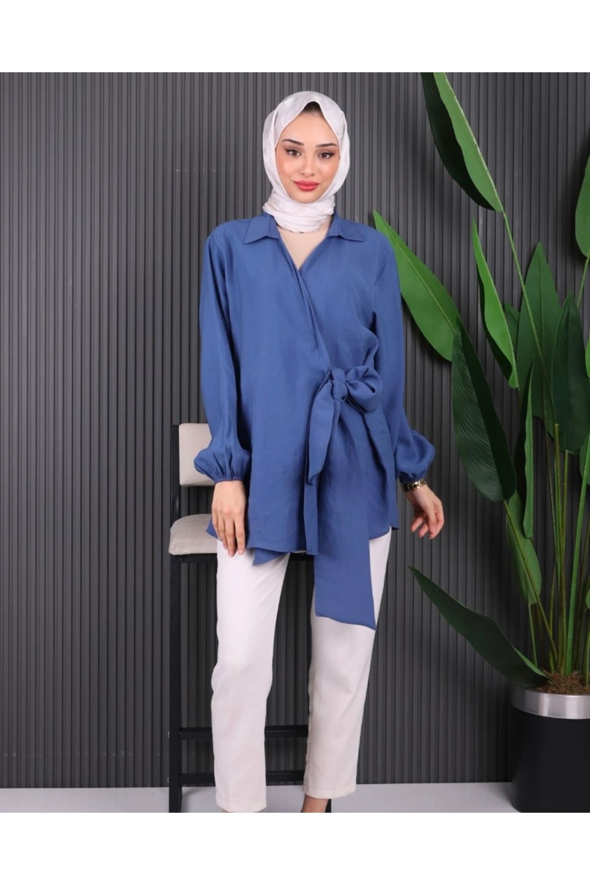 Butik Yan Bağlamalı Kimono Mavi
