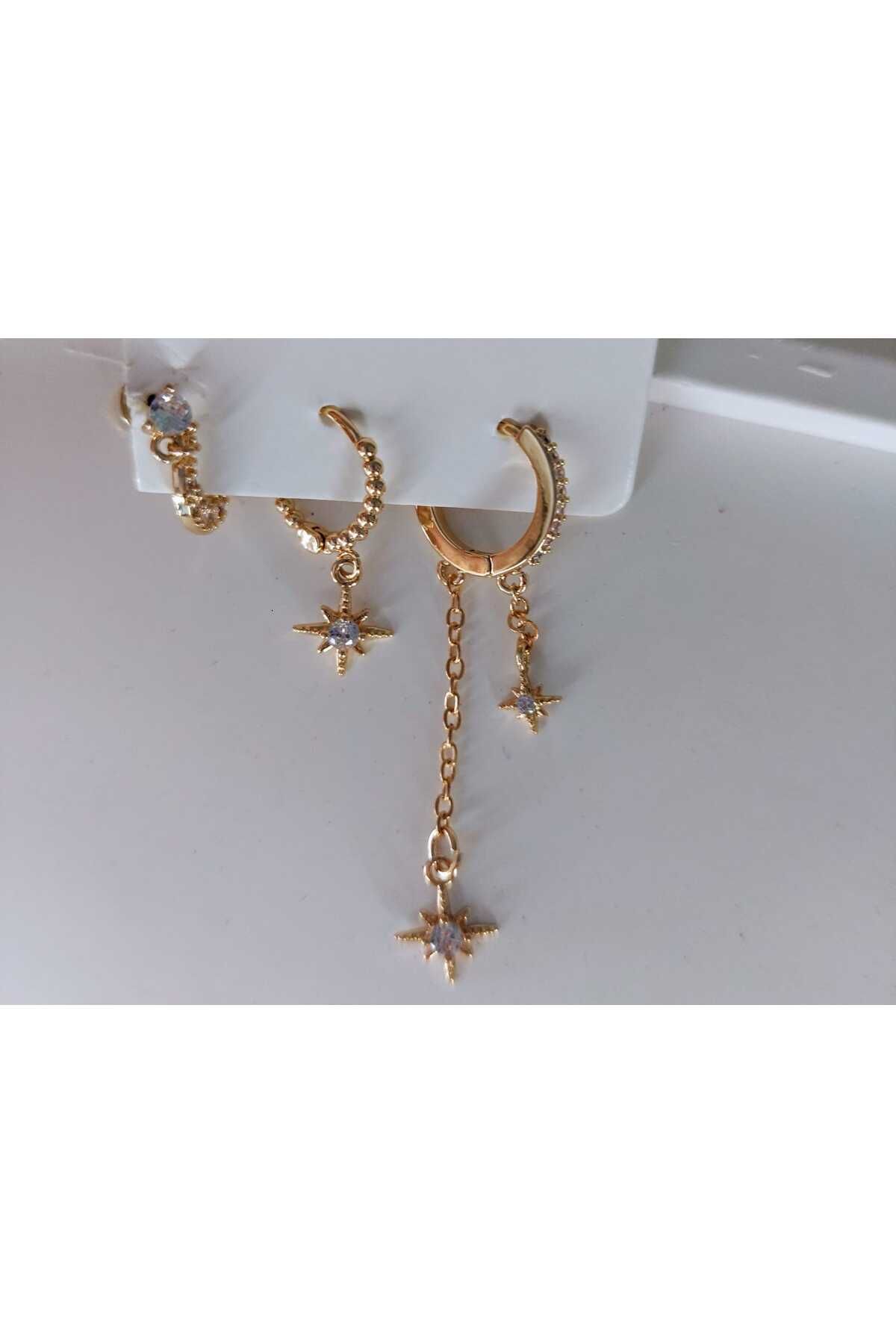 Butik çelik küpe üçlü gold kuzey yıldızı