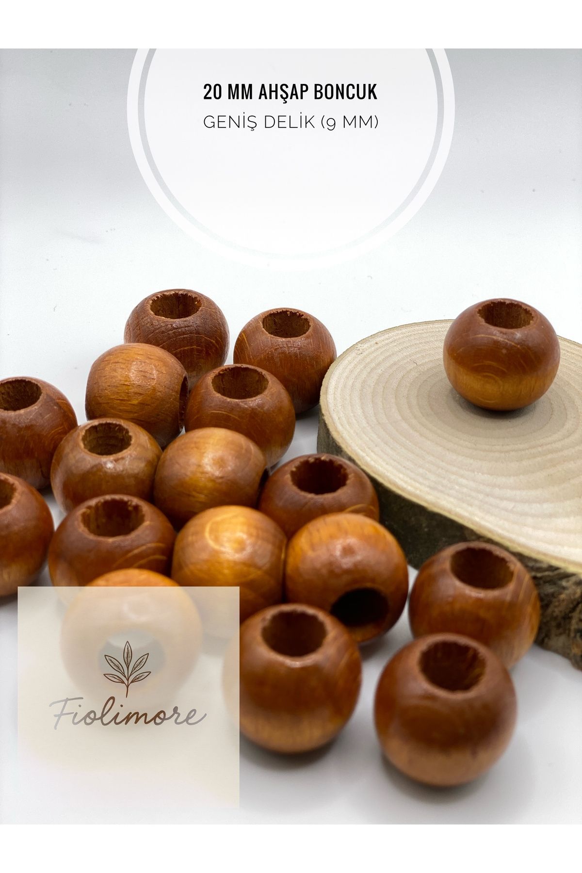 Fiolimore Taba Kahve Ahşap Boncuk 20 mm (50 Gram 22 Adet) Delik Çapı 9 mm Yuvarlak Tahta Renkli Geniş Delik
