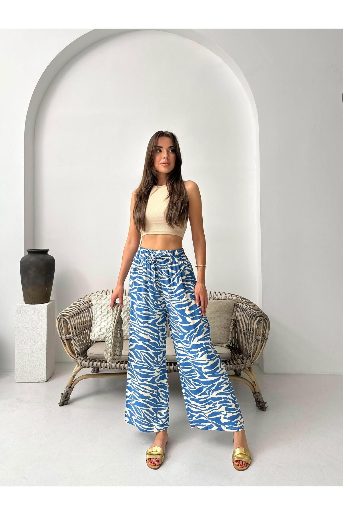 Jeevee Mavi Zebra Desenli Bol Paça Pantolon