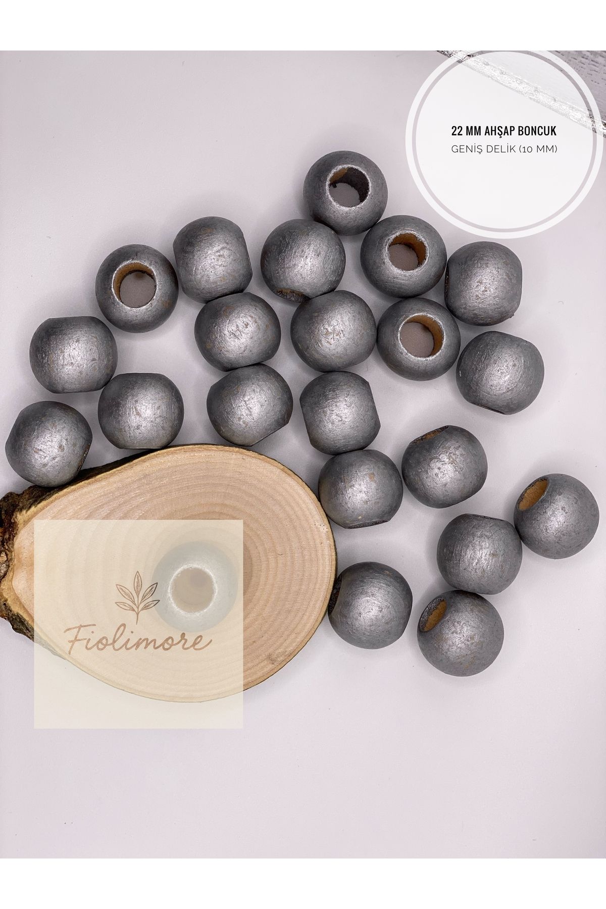 Fiolimore Gri ParlakAhşap Boncuk 22 mm (50 Gram 15 Adet) Delik Çapı 10 mm Yuvarlak Tahta Renkli Geniş Delik