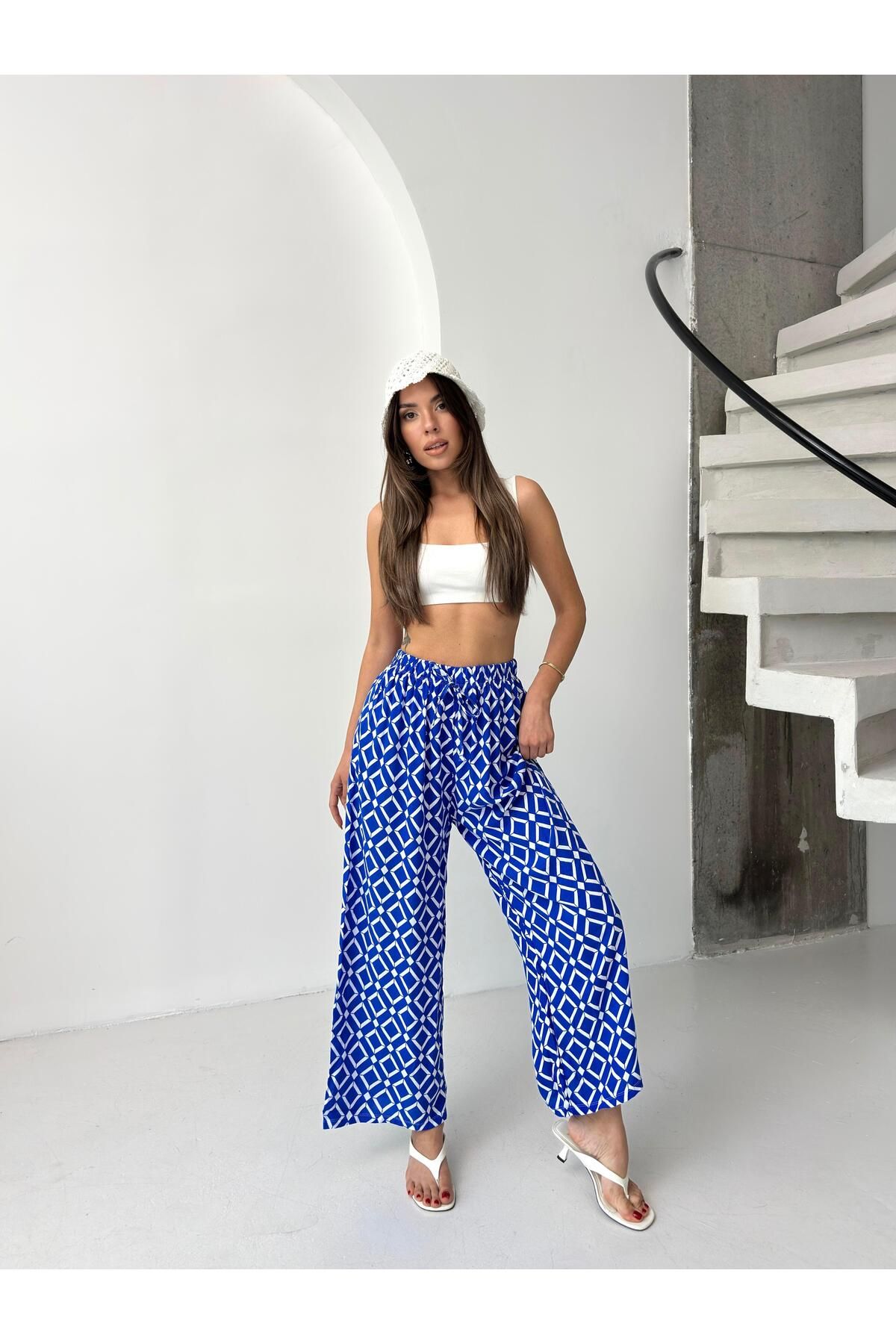 Jeevee Saks Mavi Geometrik Desenli Bol Paça Pantolon