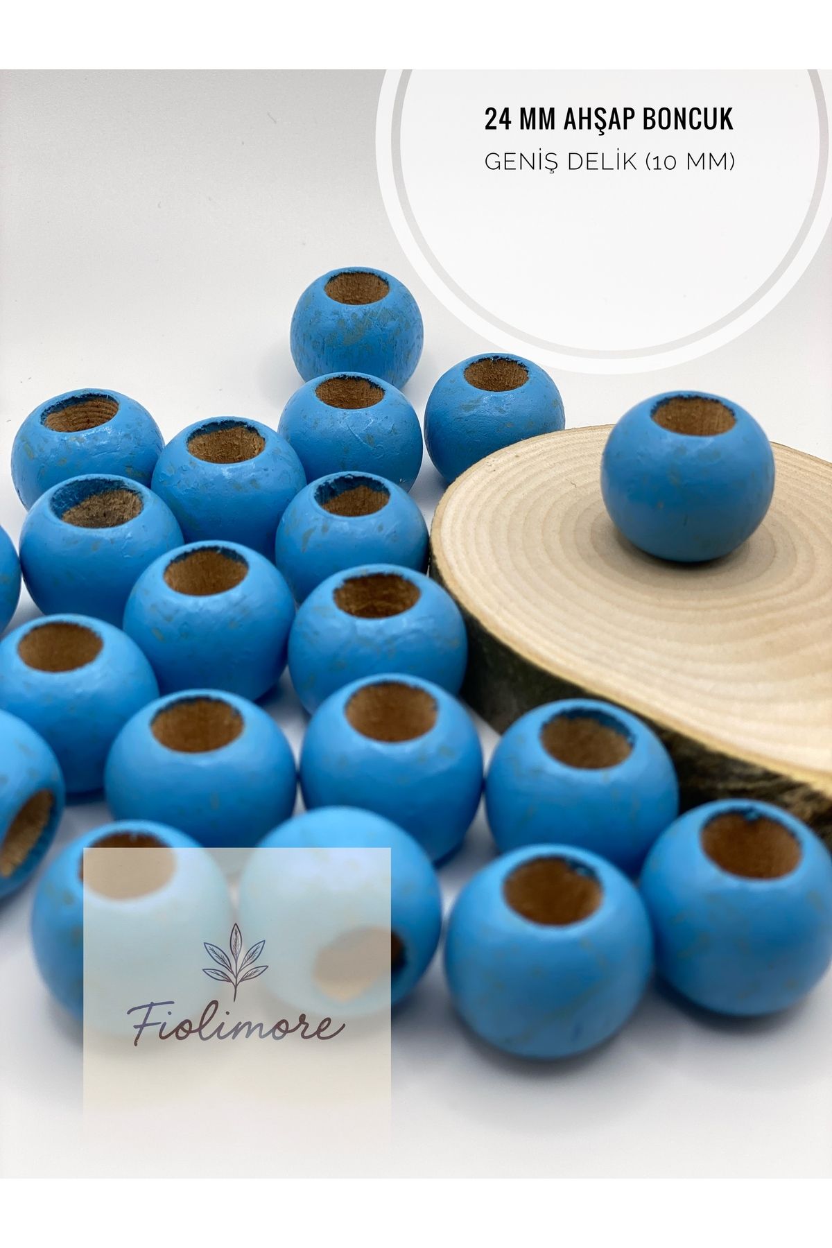 Fiolimore Mavi Ahşap Boncuk 24 mm (50 Gram 14 Adet) Delik Çapı 10 mm Yuvarlak Tahta Renkli Boncuk Geniş Delik