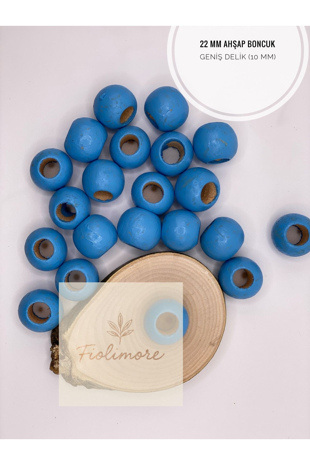 Fiolimore Mavi Ahşap Boncuk 22 mm (50 Gram 15 Adet) Delik Çapı 10 mm Yuvarlak Tahta Renkli Boncuk Geniş Delik