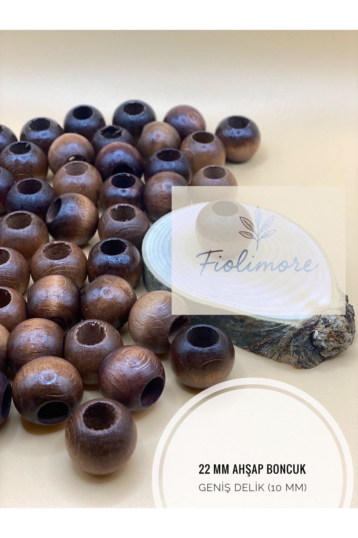 Fiolimore Kahverengi Ahşap Boncuk 22 mm (50 Gram 15 Adet) Delik Çapı 10 mm Yuvarlak Tahta Renkli Geniş Delik