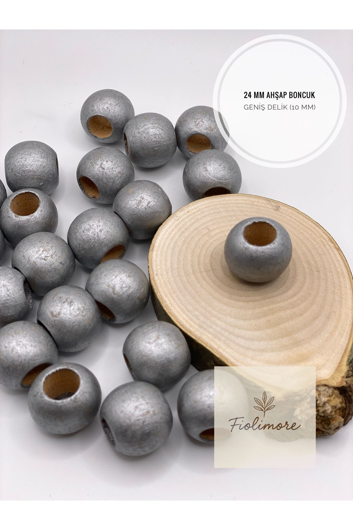 Fiolimore Gri Parlak Ahşap Boncuk 24 mm (50 Gram 14 Adet) Delik Çapı 10 mm Yuvarlak Tahta Renkli Geniş Delik