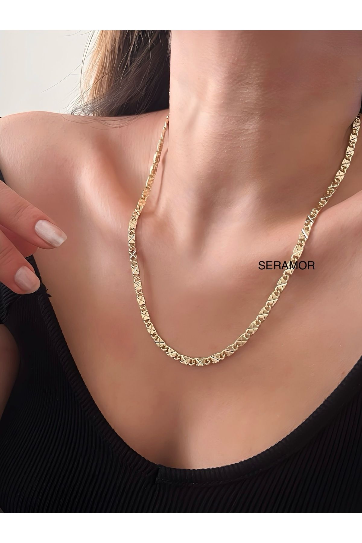 SERAMOR 14K altın renginde Kuyumcu işçiliği kararmaz kolye 50 cm