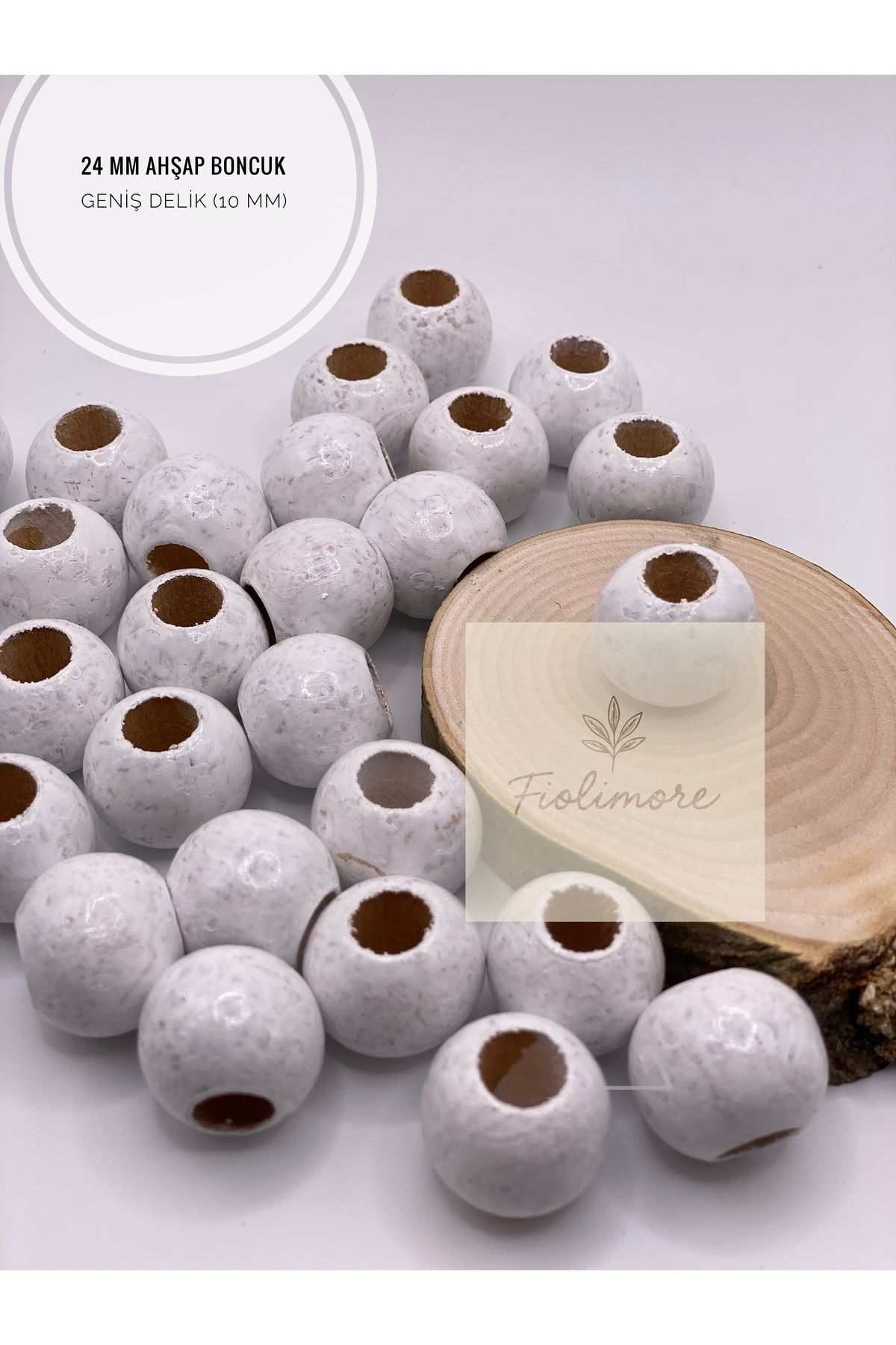 Fiolimore Beyaz Ahşap Boncuk 24 mm (50 Gram 14 Adet) Delik Çapı 10 mm Yuvarlak Tahta Renkli Boncuk Geniş Delik