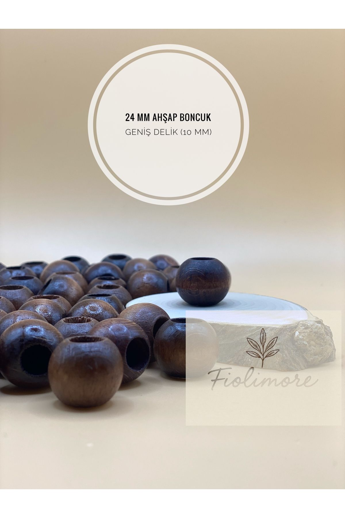 Fiolimore Kahverengi Ahşap Boncuk 24 mm (50 Gram 14 Adet) Delik Çapı 10 mm Yuvarlak Tahta Renkli Geniş Delik