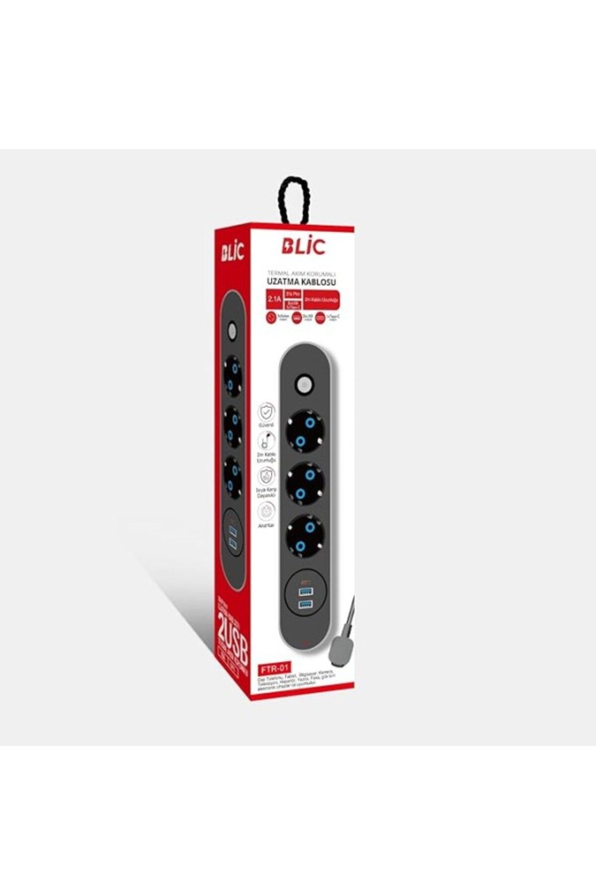 ShopZum Termal Akım Çocuk Korumalı, 3&apos;lü Priz, 2x Usb 1x Type -c Girişli Uzatma Kablosu (2MT KABLO)