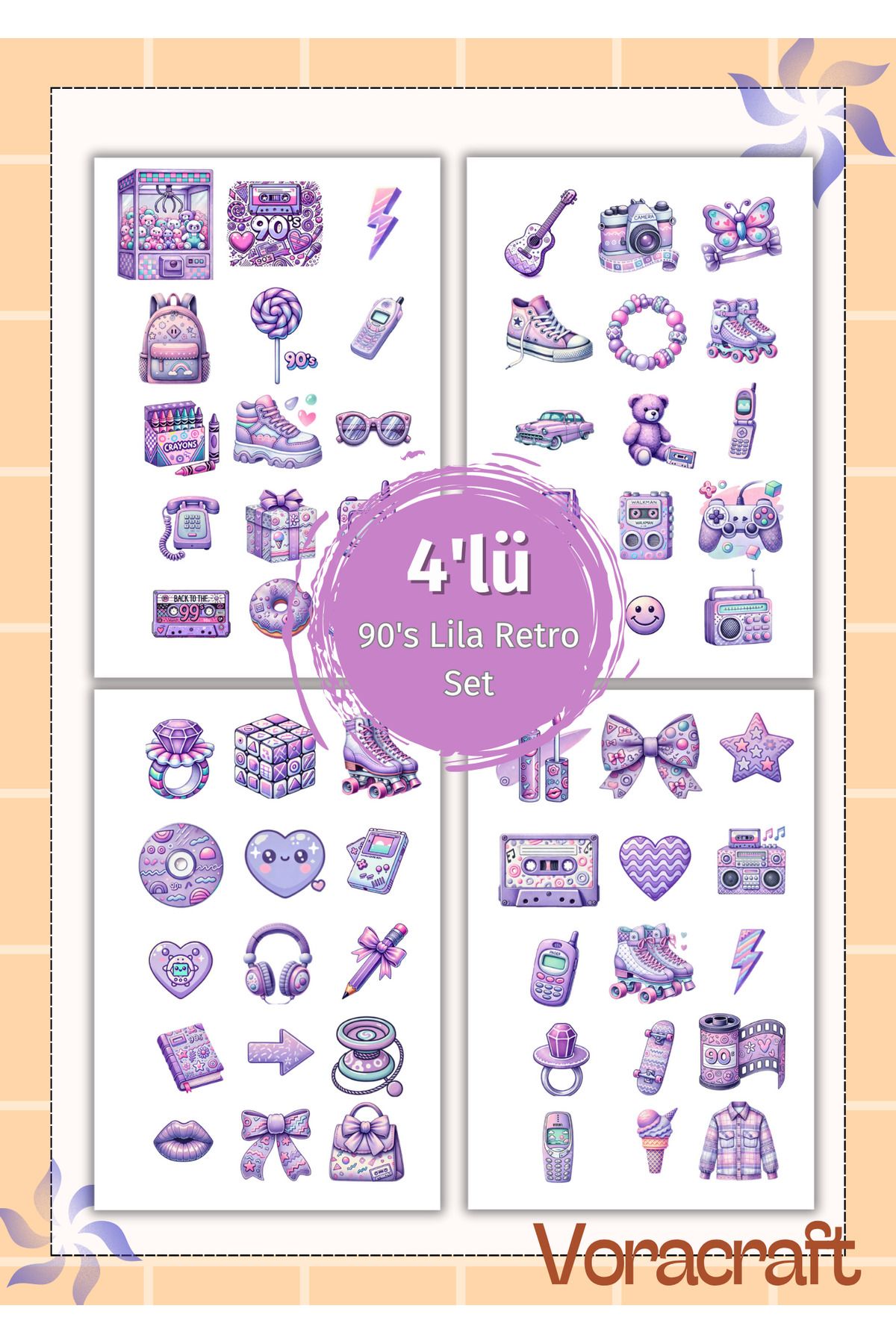 VORACRAFT 4'lü 90's Lila Retro Set Ajanda Bullet Journal Set B001