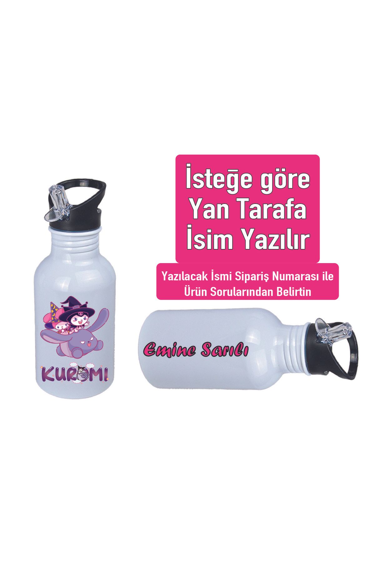 DKDZ SHOP Kuromiii Baskılı Pipetli Kancalı Metal Suluk 600ml. BEYAZ