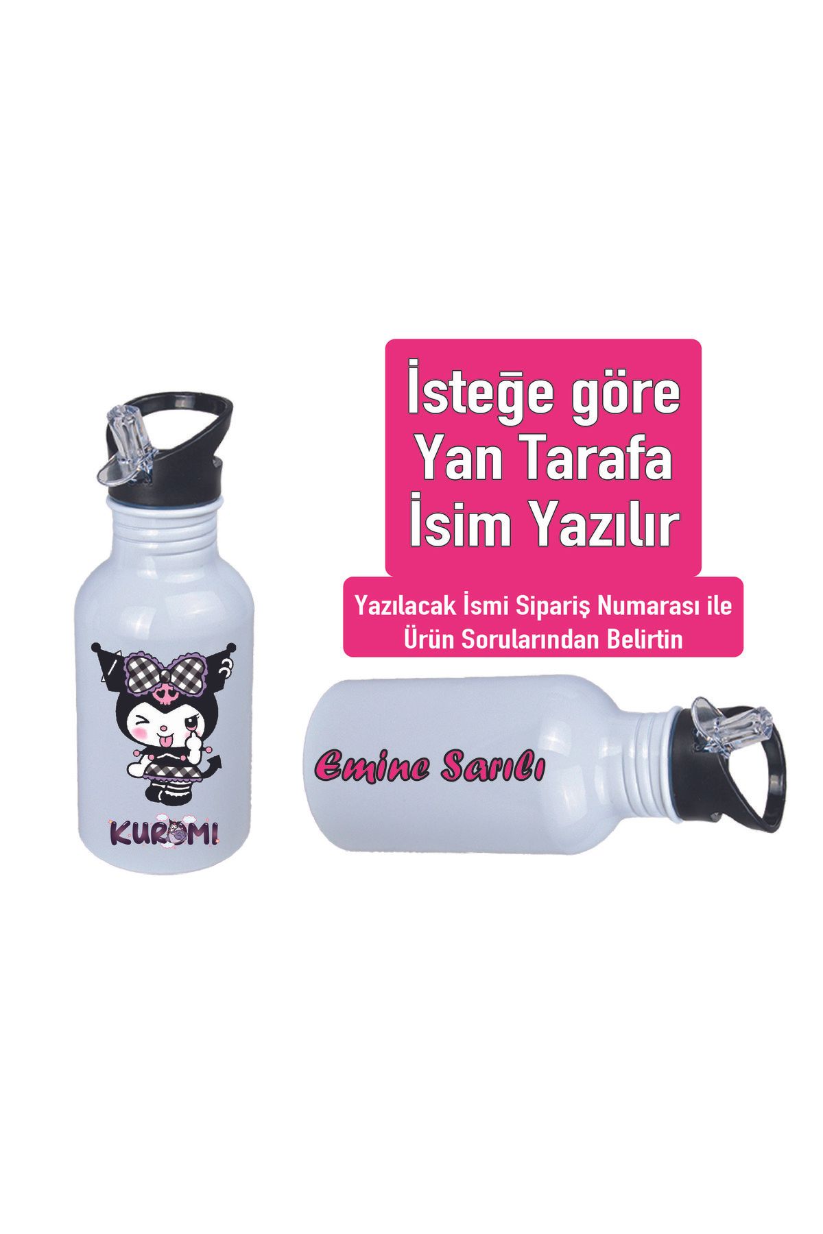 DKDZ SHOP Kuromiii Baskılı Pipetli Kancalı Metal Suluk 600ml. BEYAZ