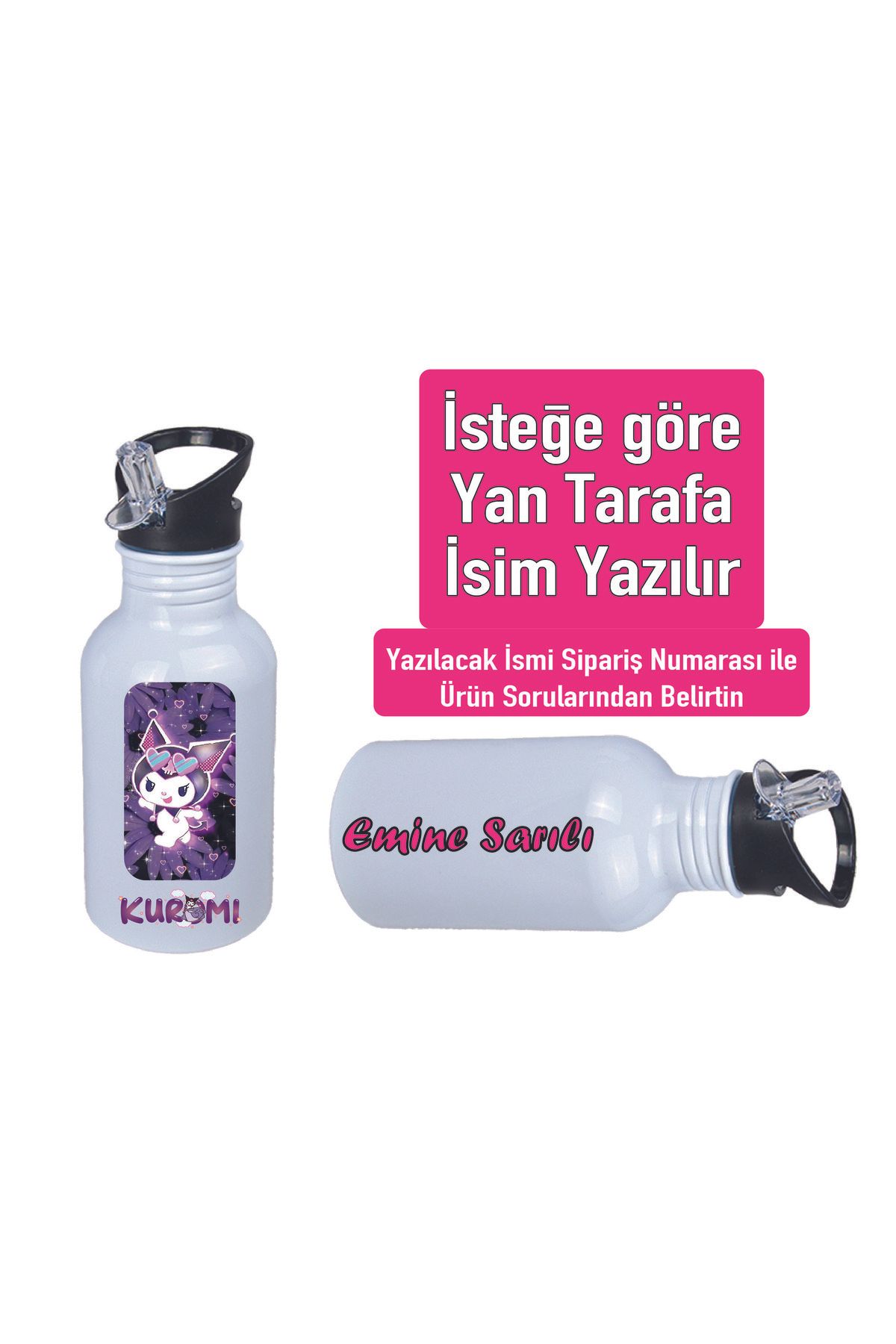 DKDZ SHOP Kuromiii Baskılı Pipetli Kancalı Metal Suluk 600ml. BEYAZ