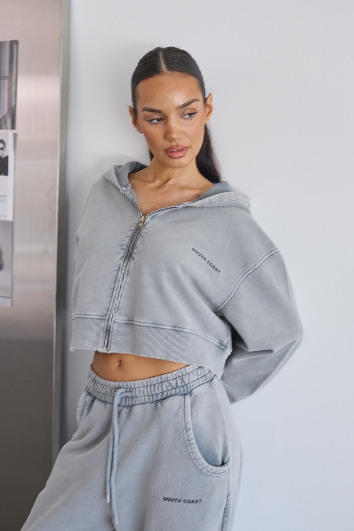 South Coast Gri Soluk Efektli Crop Hoodie