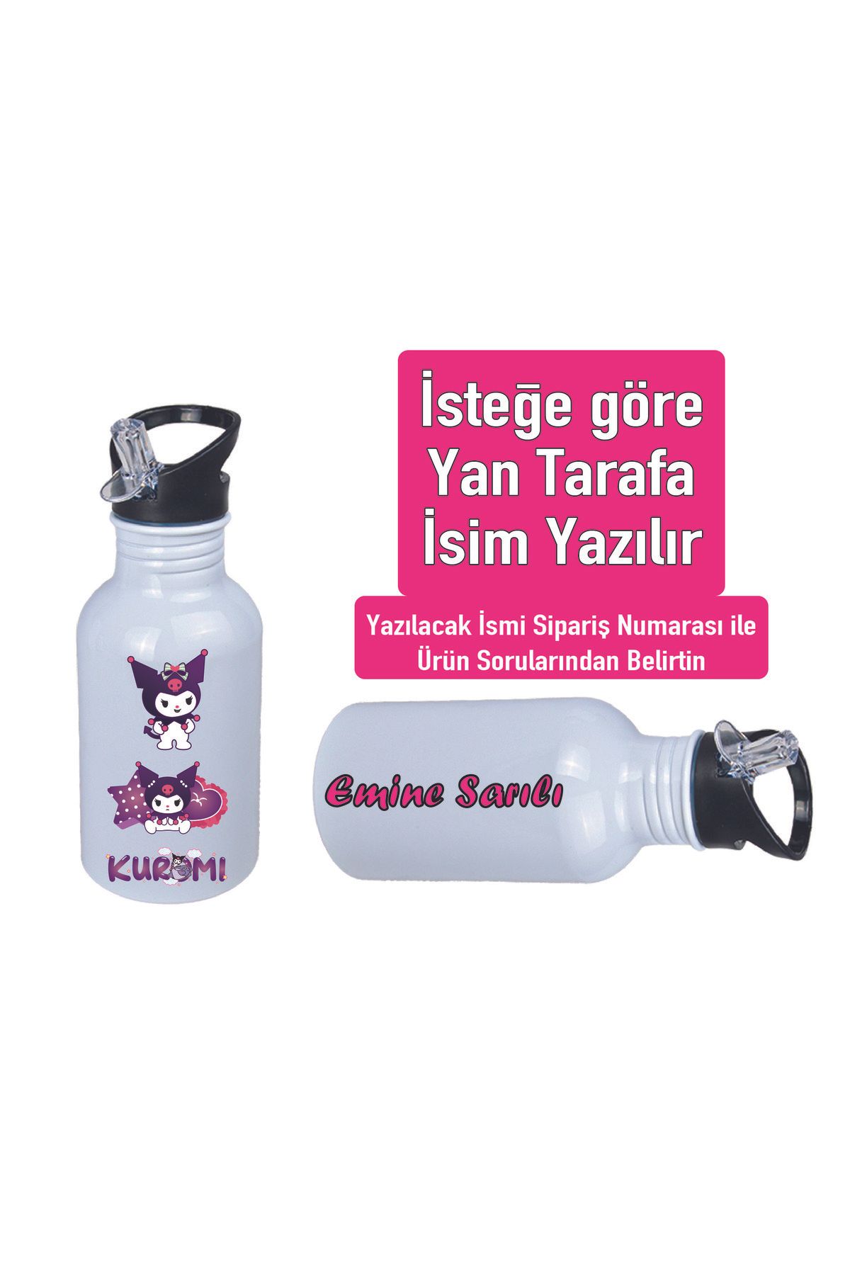 DKDZ SHOP Kuromiii Baskılı Pipetli Kancalı Metal Suluk 600ml. BEYAZ