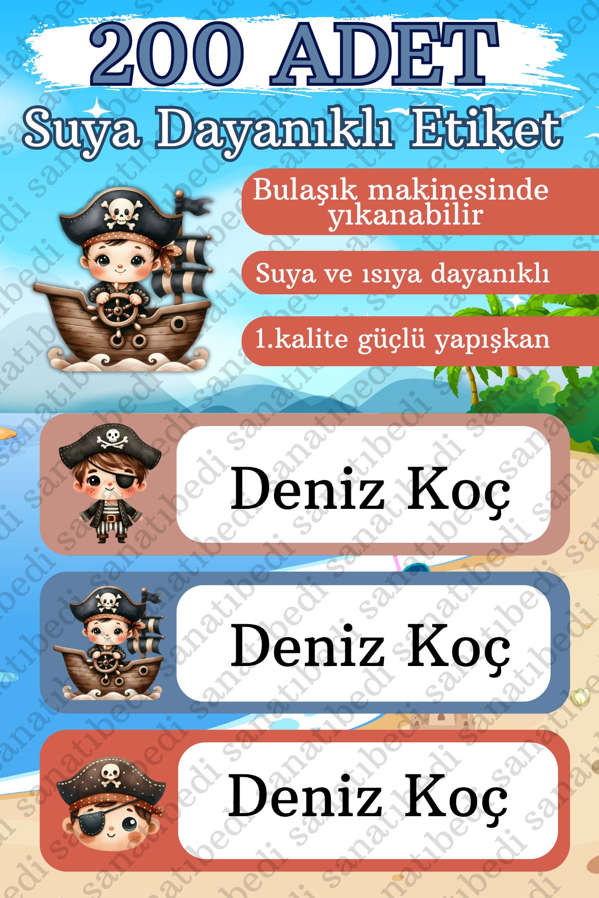 sanatıbedi 200 Adet Suya Dayanıklı Okul Etiketi - Kalem Defter Suluk Özel Isim Yazılabilen Korsan Sticker