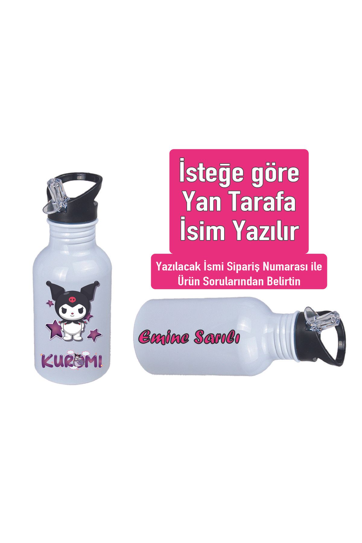 DKDZ SHOP Kuromiii Baskılı Pipetli Kancalı Metal Suluk 600ml. BEYAZ