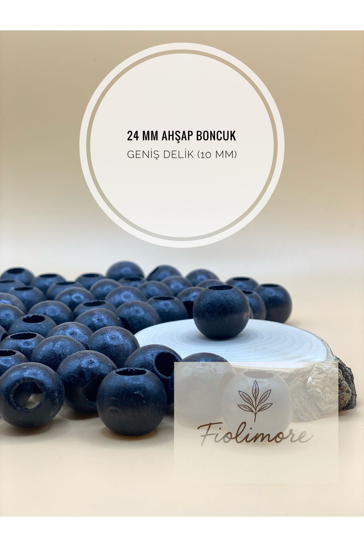 Fiolimore Siyah Ahşap Boncuk 24 mm (50 Gram 14 Adet) Delik Çapı 10 mm Yuvarlak Tahta Renkli Boncuk Geniş Delik
