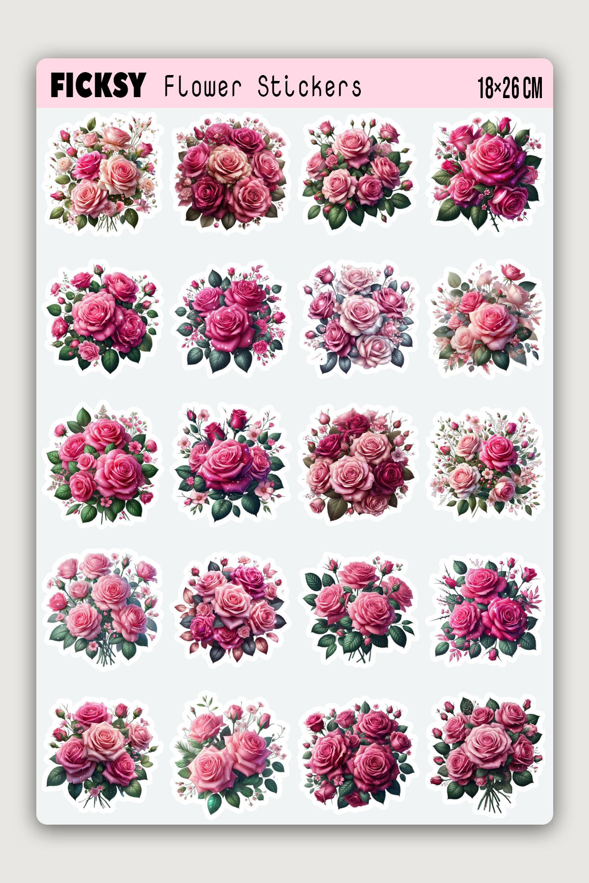 Ficksy Pembe Gül Çiçek Sticker Seti - 20 Adet Etiket Çıkartma