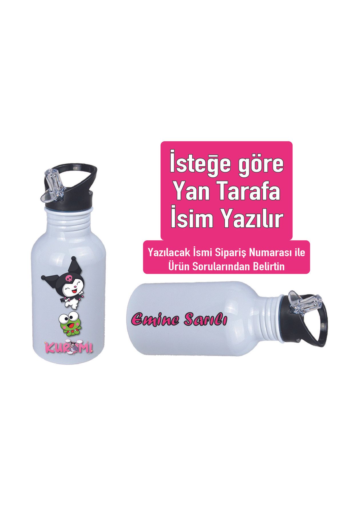 DKDZ SHOP Kuromiii Baskılı Pipetli Kancalı Metal Suluk 600ml. BEYAZ