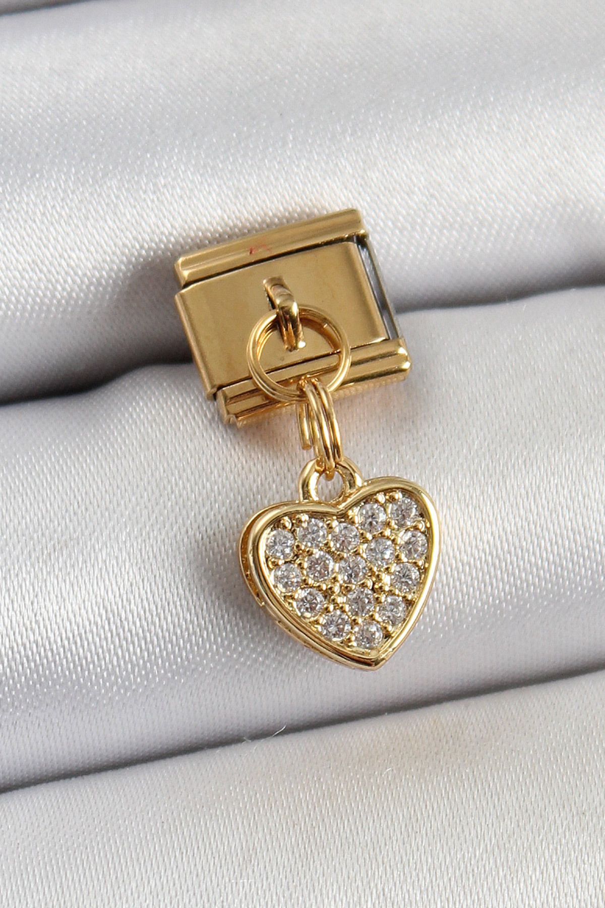 Goşenefmafe 316L Çelik Sallantılı Zirkon Taşlı Kalp Model Gold Renk Nomination Charm