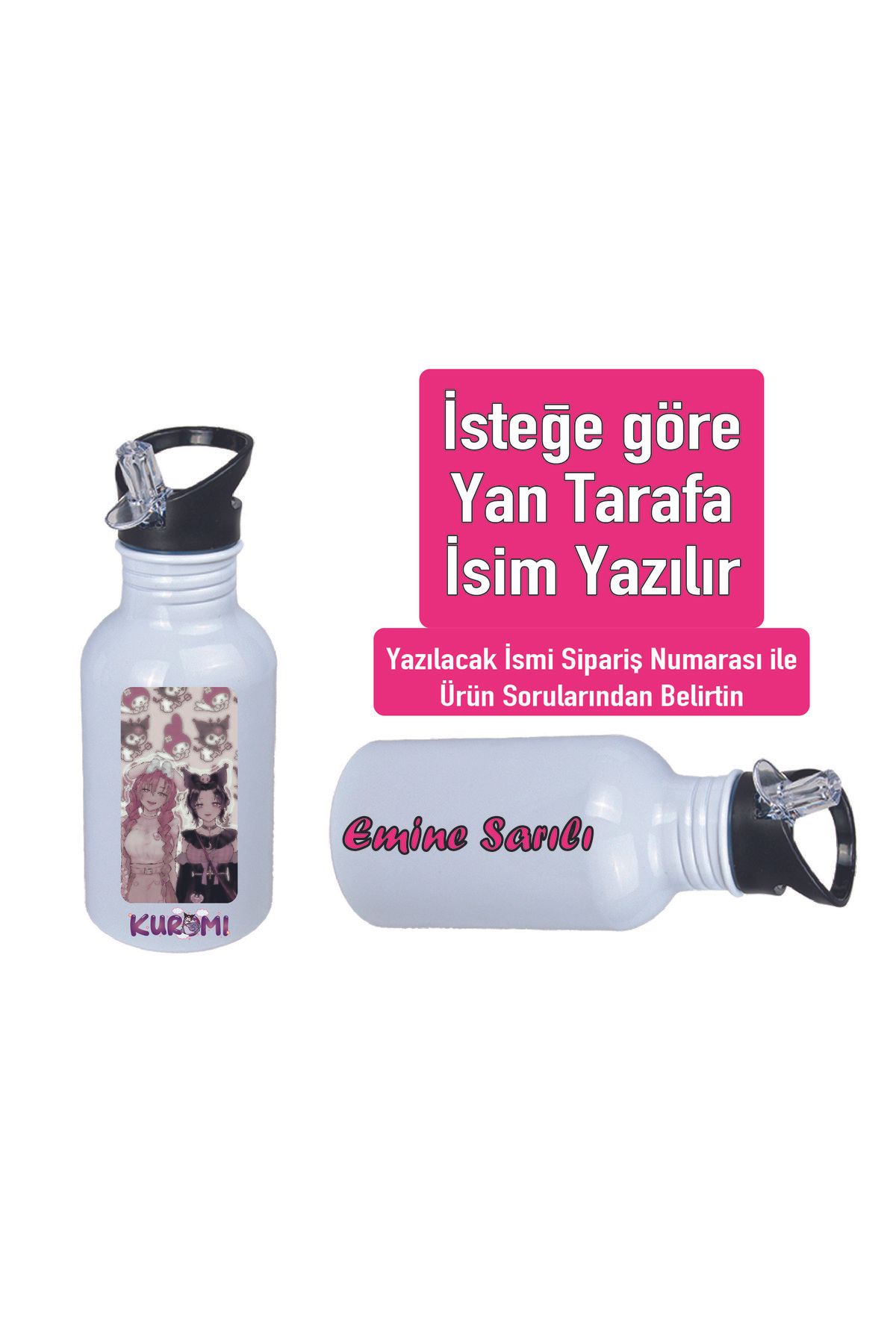 DKDZ SHOP Kuromiii Baskılı Pipetli Kancalı Metal Suluk 600ml. BEYAZ