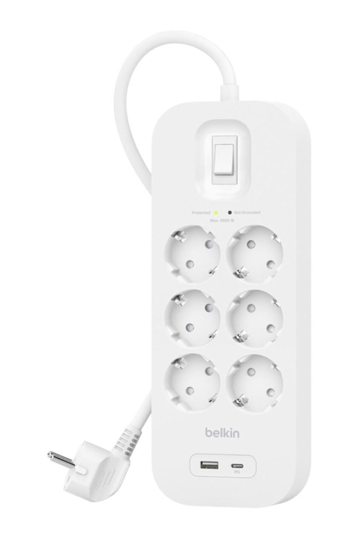 ShopZum Belkin 6&apos;lı Çoklu Priz, Yüksek Gerilim Korumalı, Duvara Montaj, 6 Priz, 2 M Güç Kablosu, Yeşil