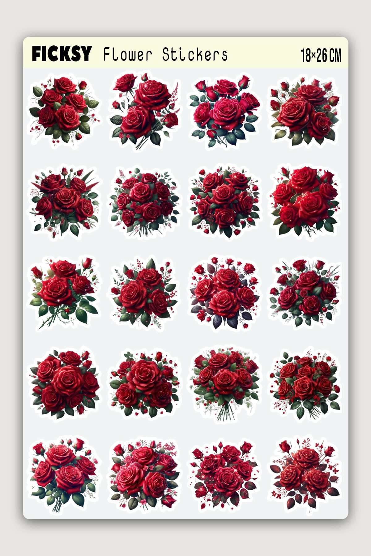 Ficksy Kırmızı Gül Çiçek Sticker Seti - 20 Adet Etiket Çıkartma