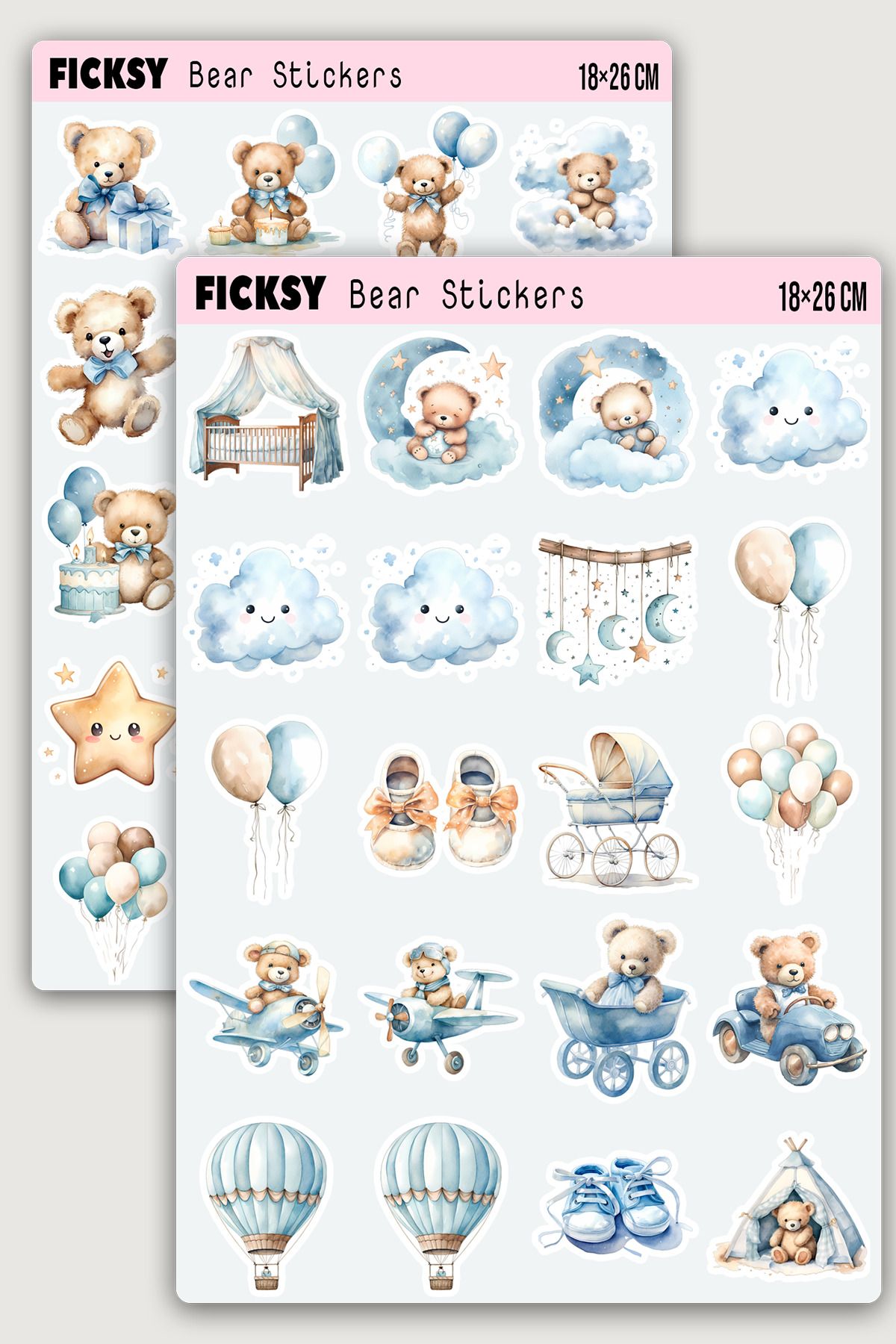 Ficksy Sevimli Ayıcık Bebek Odası Temalı Sticker Seti - 40 Adet Etiket Çıkartma
