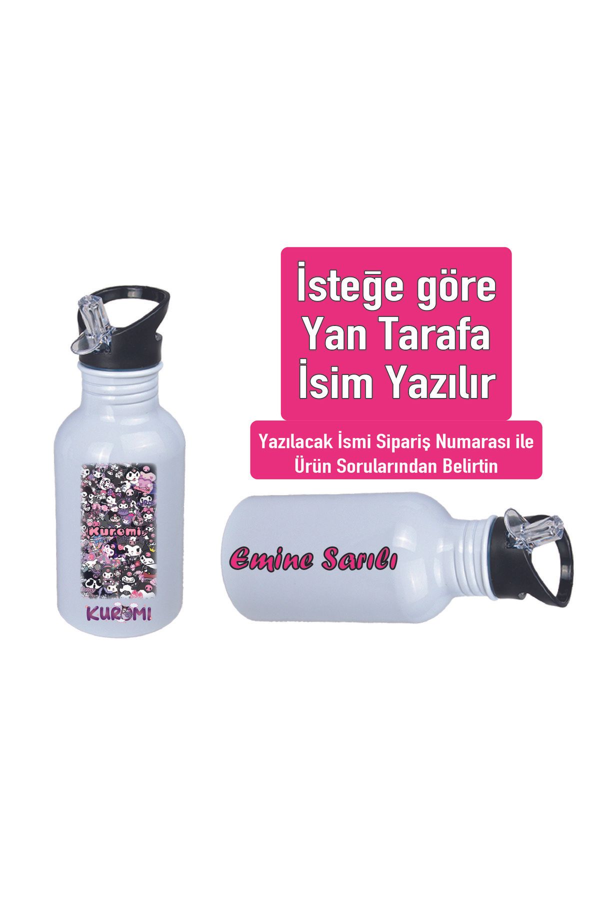 DKDZ SHOP Kuromiii Baskılı Pipetli Kancalı Metal Suluk 600ml. BEYAZ