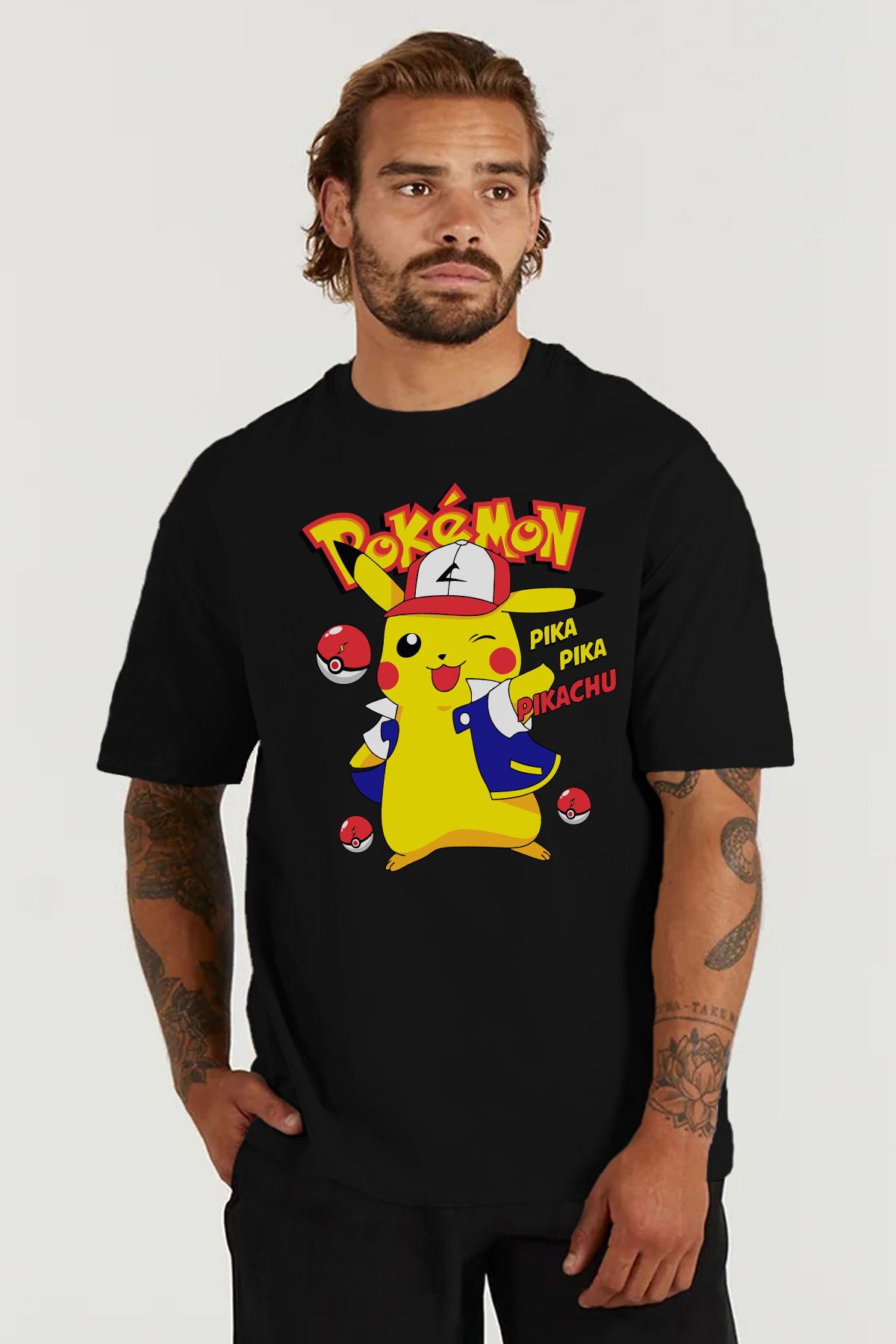 MODA Pokemon Pikachu Baskılı Oversize Kalıp Siyah Geniş Bol Kesim Erkek Tişört