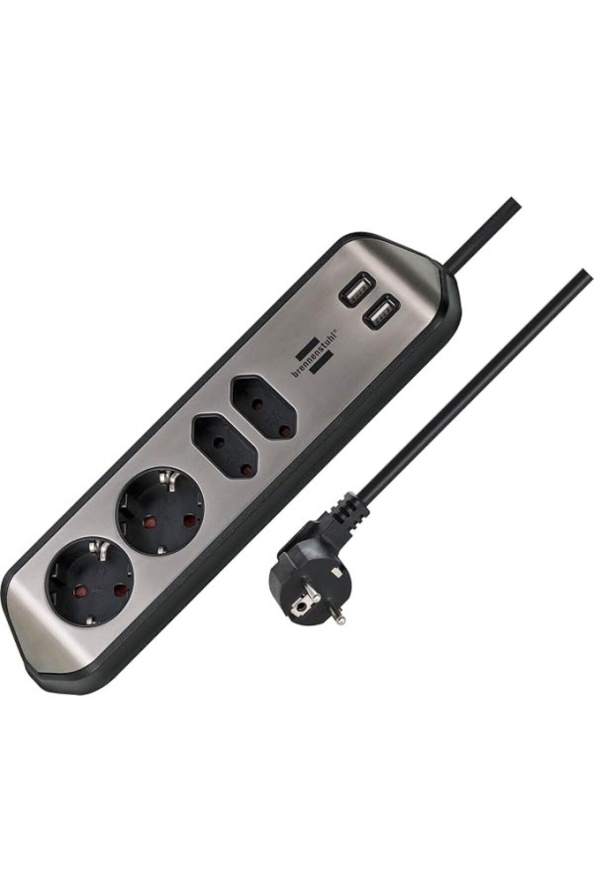 ShopZum Brennenstuhl Estilo Mutfak Ve Ofis Çelik Yüzeyli Köşeli 4 Soketli 2 Usb Li 2 Mt Uzatma Kablo
