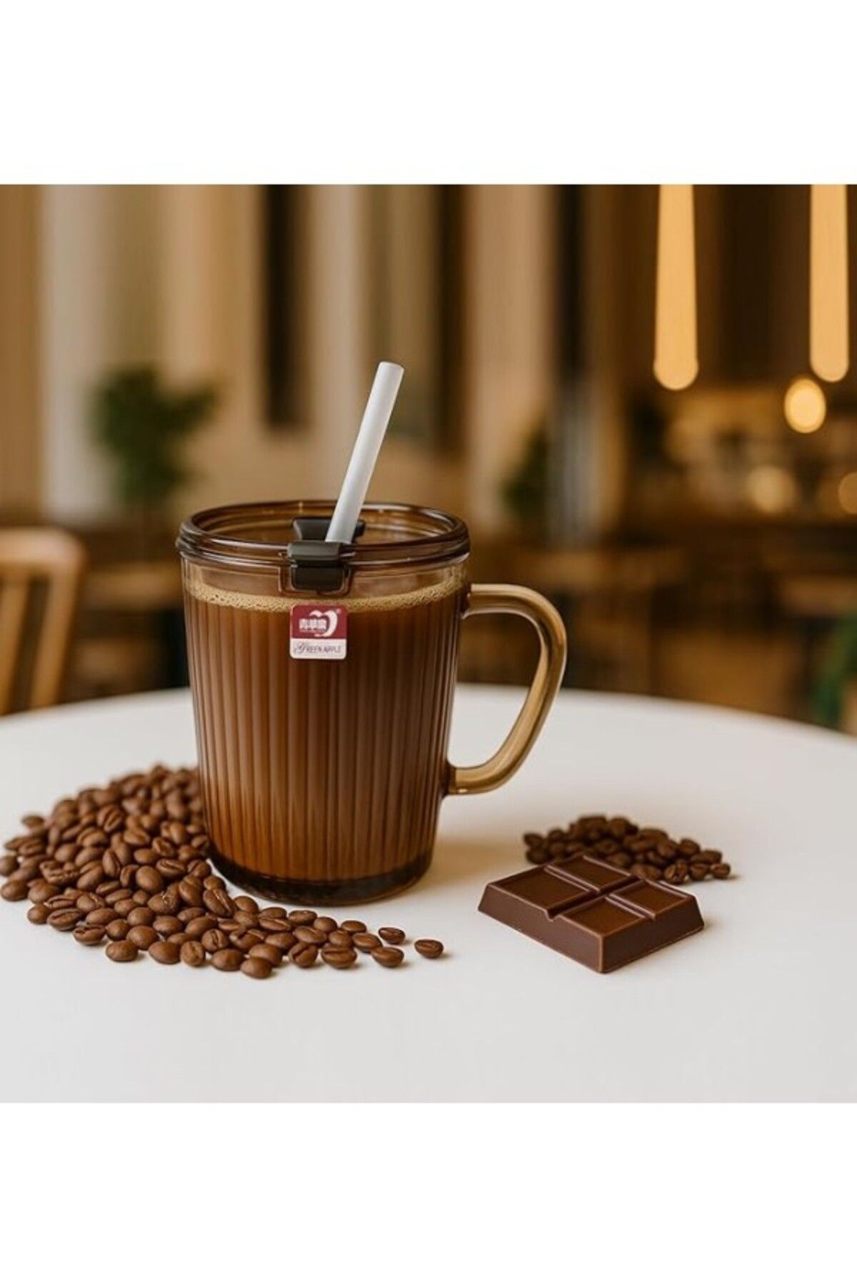 ShopZum Kapaklı Pipetli Cam Kupa Bardak Çay Kahve Meşrubat Tatlı Bardağı Kahverengi 370 Ml