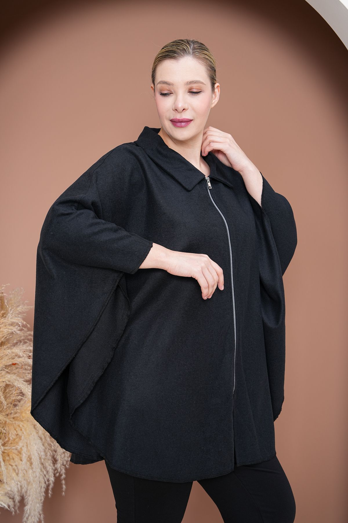 MYMİSİY-Oversize Poncho with Collar Zipper Standard Size 3