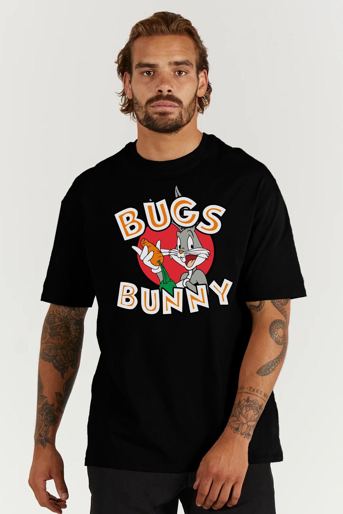 MODA Bugs Bunny Baskılı Oversize Kalıp Siyah Geniş Bol Kesim Erkek Tişört