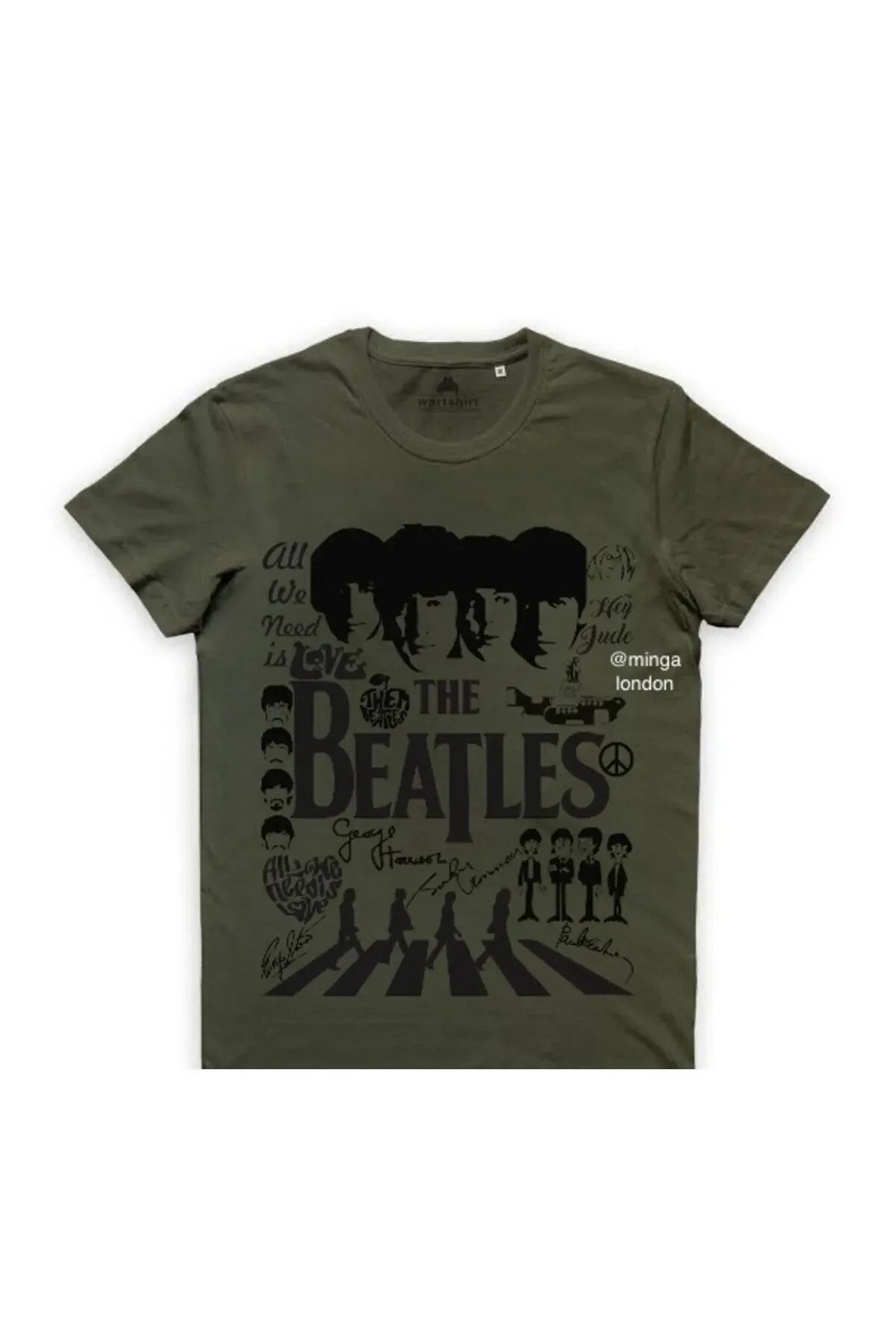 DEEFWEAR The Beatles Music Grup Haki Rengi Ön Baskılı Oversize T-shirt