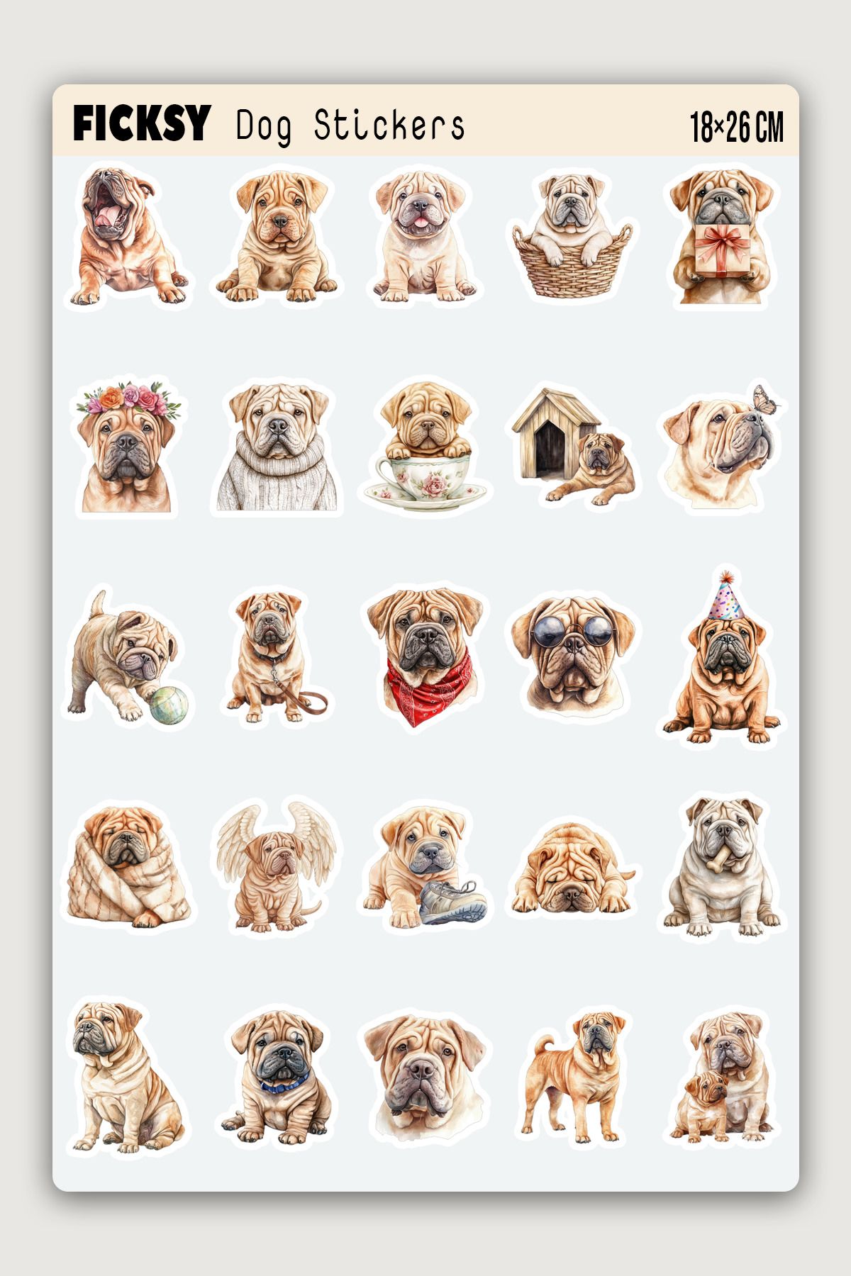 Ficksy Shar Pei Köpek Sticker Seti - 25Adet Etiket Çıkartma