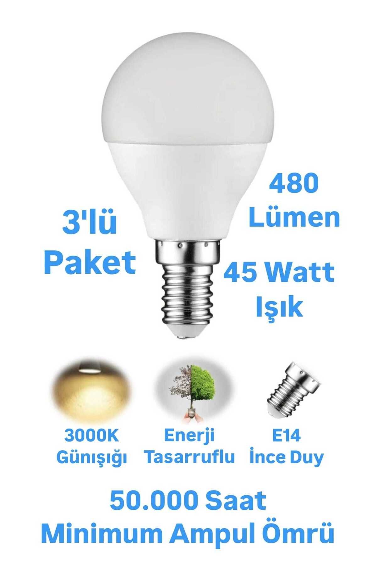repplam 3 Adet 5W Günışığı İnce Duylu Top Ampul E14 İnce Duylu Avize Ampulü 480 Lümen