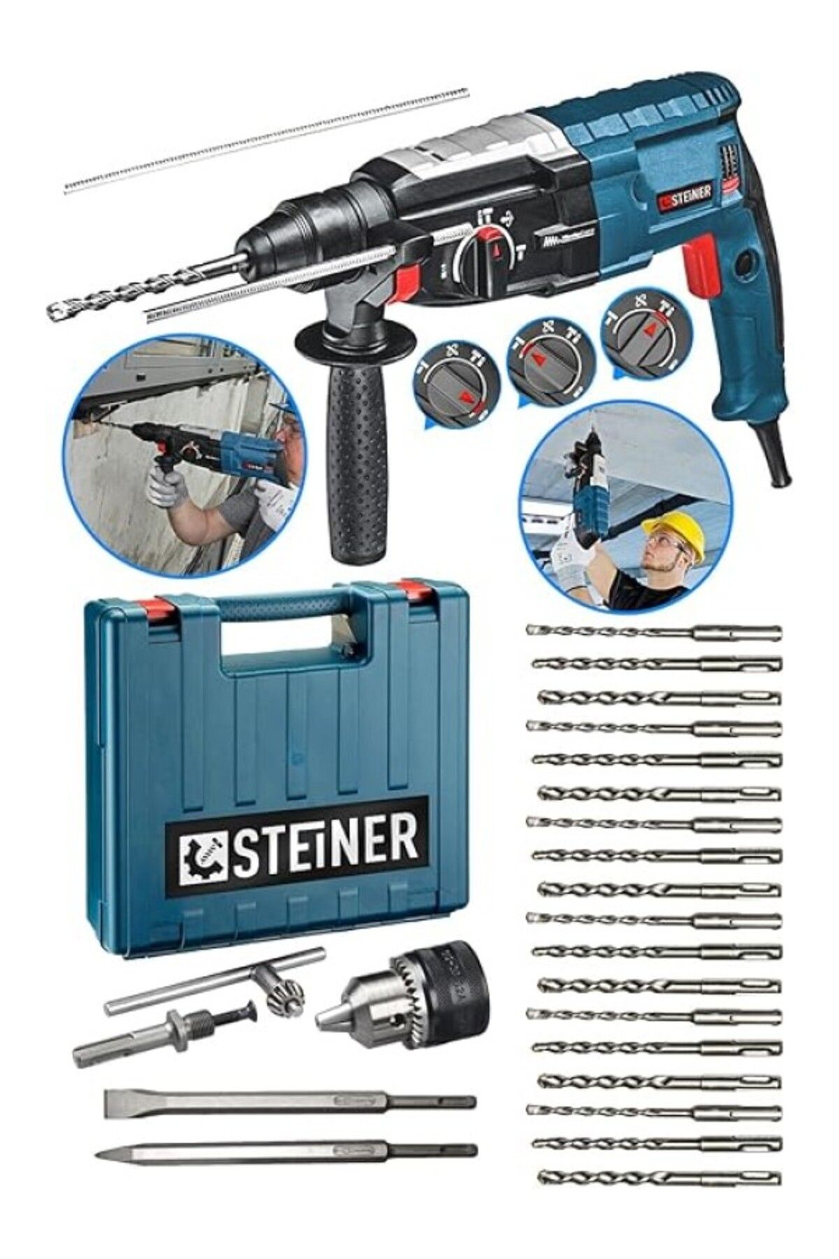 ShopZum Steiner Alman 4000 Watt Profesyonel Kırıcı Delici Hilti Darbeli Matkap Gri + 20 Adet Uç + Mandren