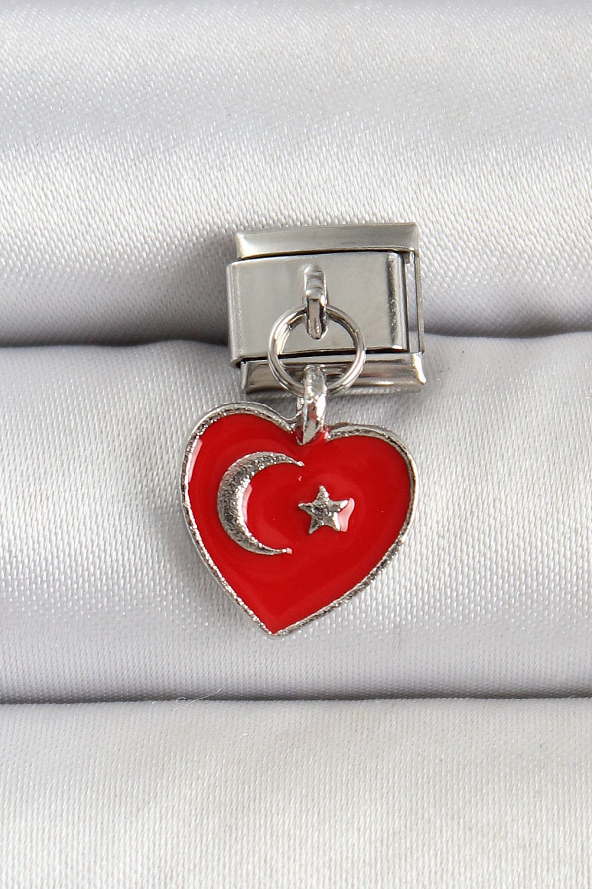 Goşenefmafe 316L Çelik Gümüş Renk Kalp Türk Bayrağı Model Nomination Charm