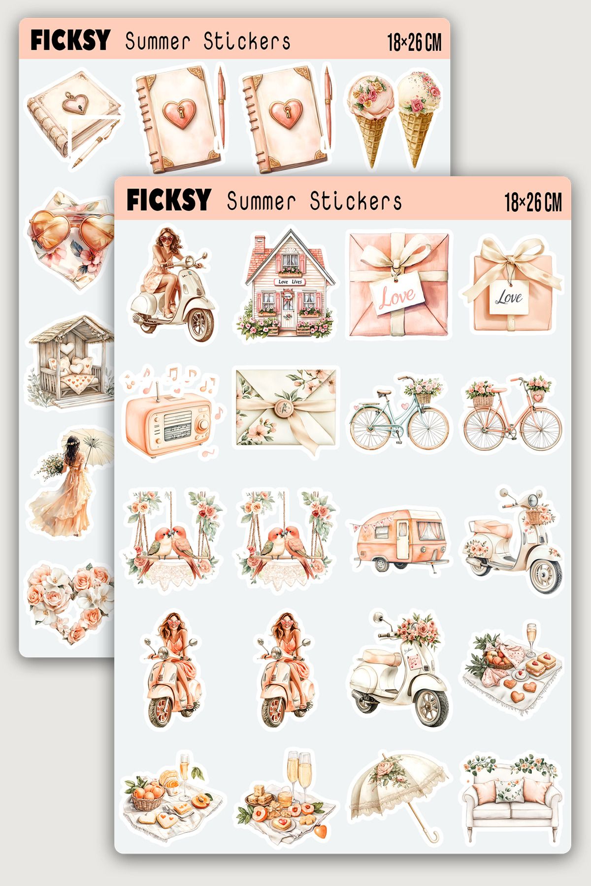Ficksy Yaz Temalı Aşk Sevgi Sticker Seti - 40 Adet Etiket Çıkartma