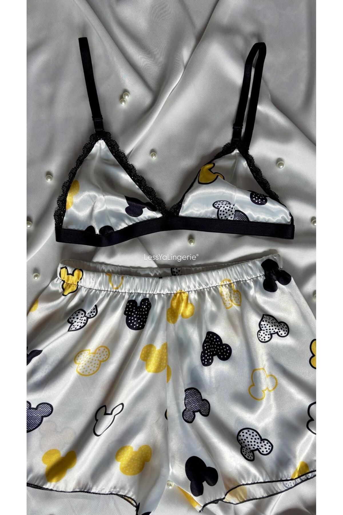 Lessya Saten Şortlu Bralet Pijama Takımı Desenli