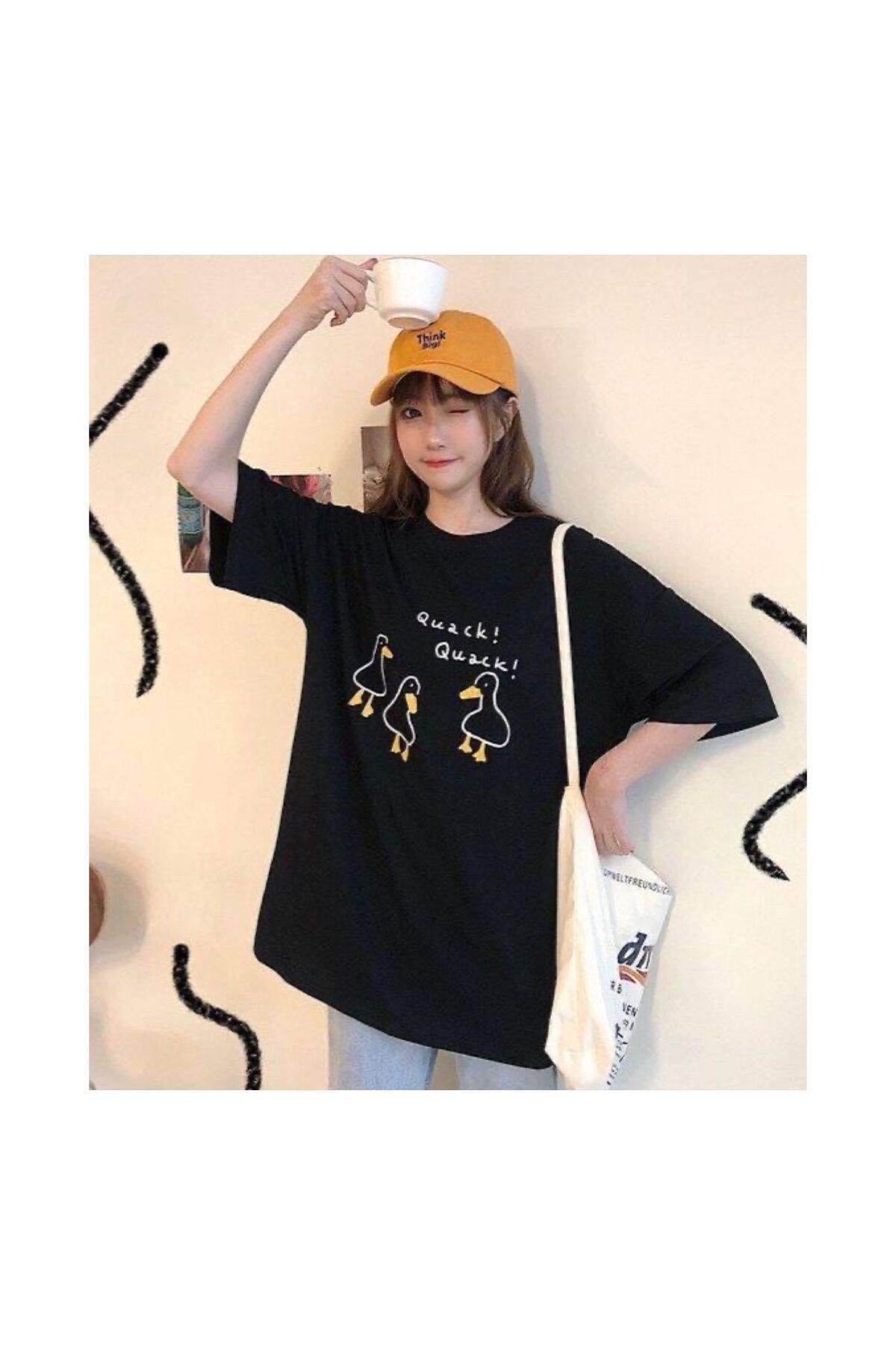 DEEFWEAR Siyah Cute Ducks Unisex Ön Baskılı Oversize Tshirt