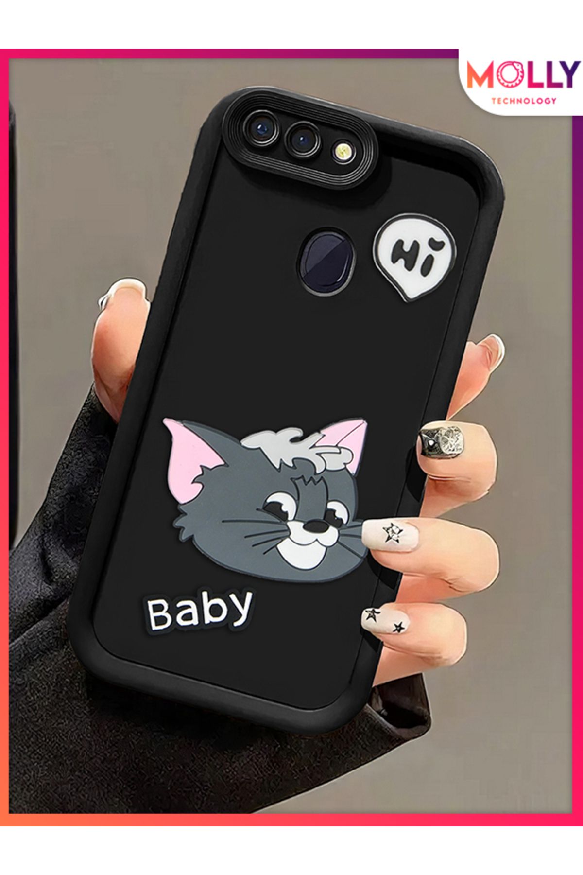 Molly Oppo A5s İçin Siyah Kenarları Kalın 3d Kabartmalı Baby Tom Silikon Kılıf