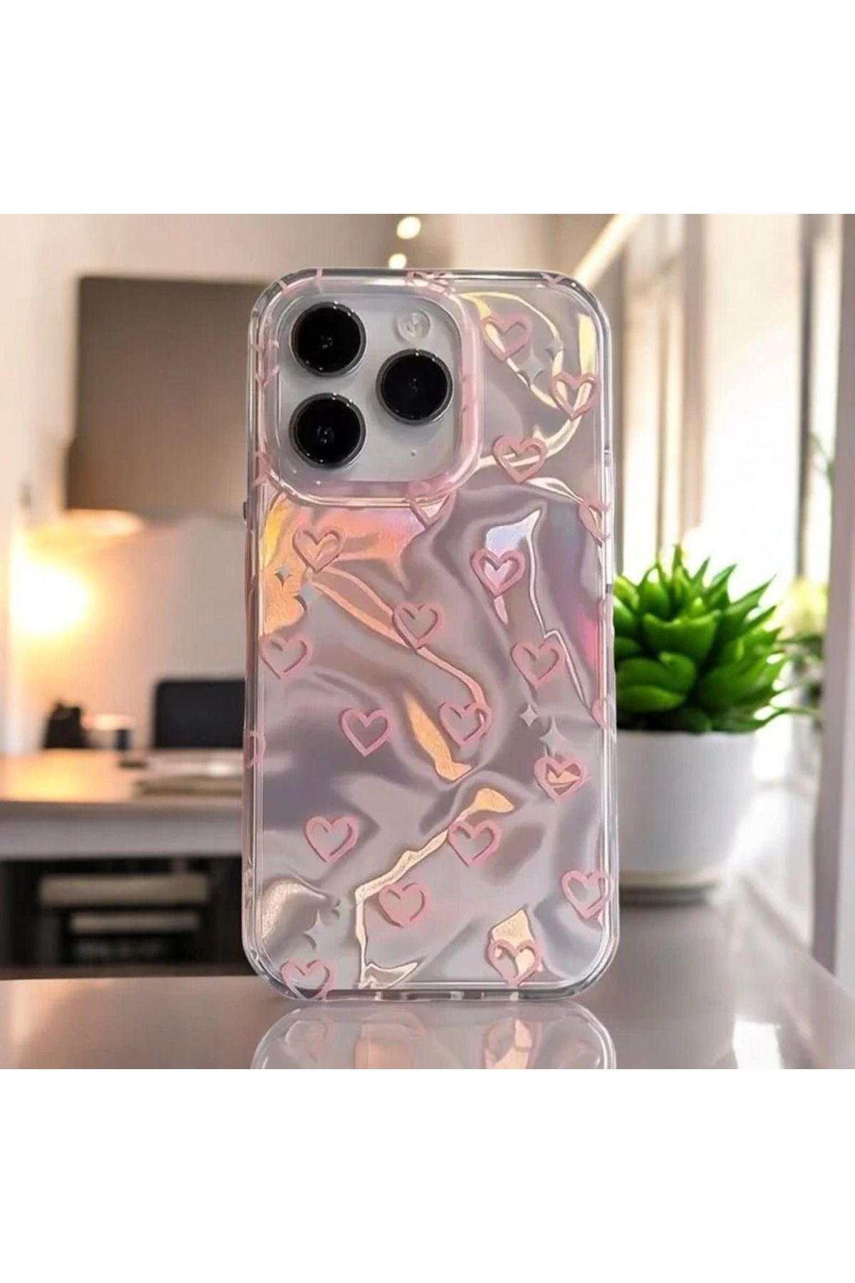 RONA STORE Apple iPhone 15 Pro Max Uyumlu Zebana Pembe Kalp Desenli Silikon Kılıf