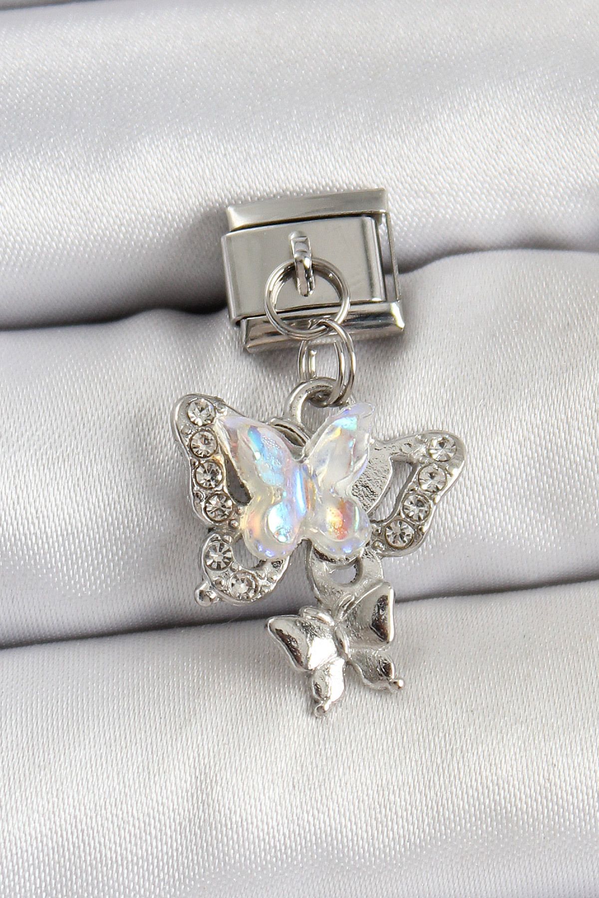 ENGSTORE 316L Çelik Sallantılı Zirkon Taşlı Kelebek Model Gümüş Renk Nomination Charm