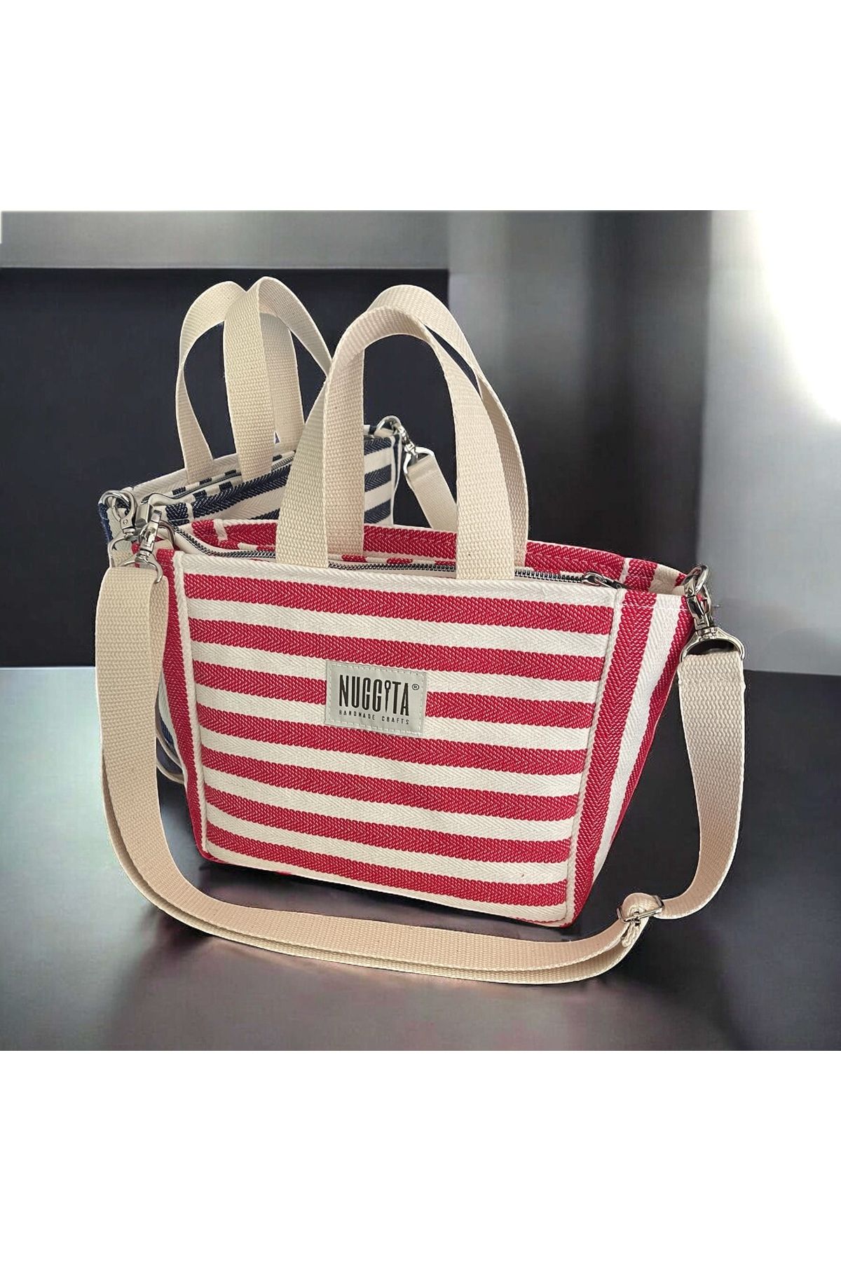 Nuggita-Mini Size Zippered Herringbone Striped Woven Handbag / Cross Strap - Red 3