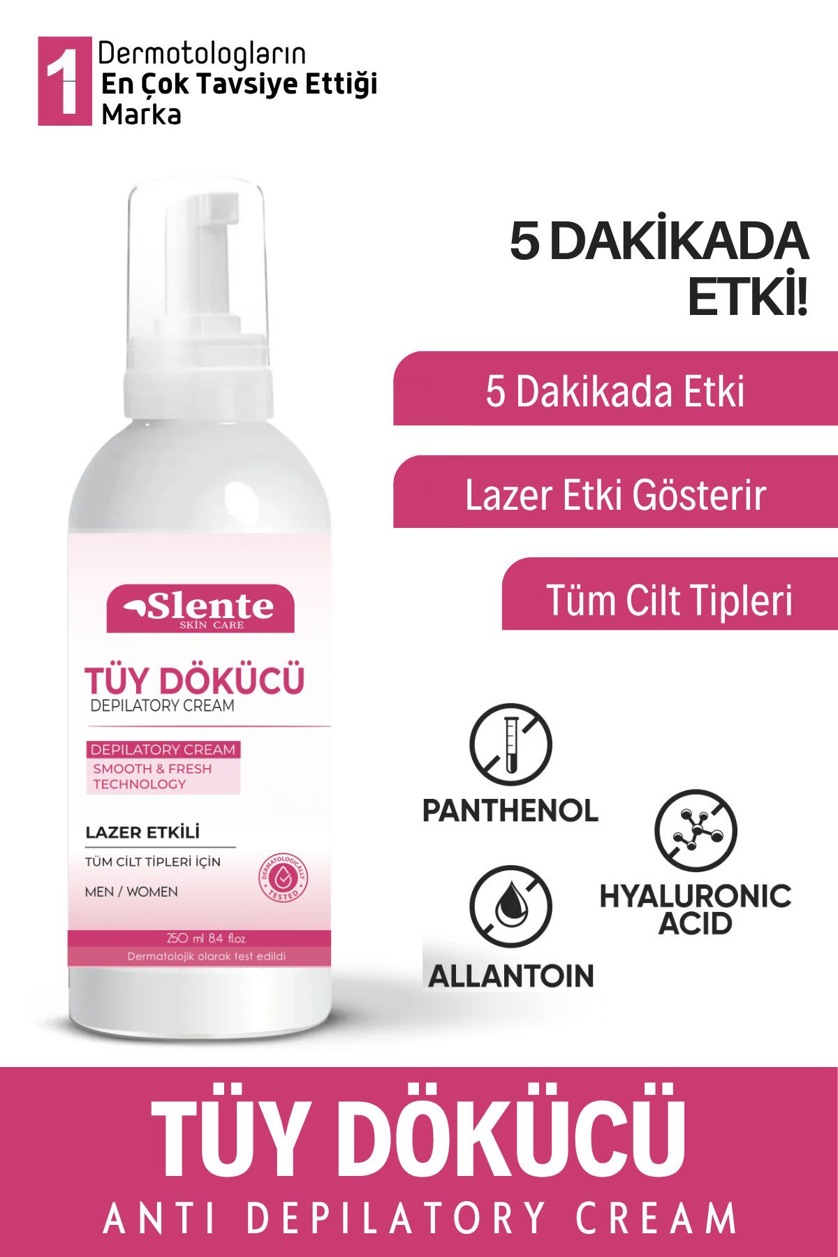 SLENTE Lazer Etkili Tüy Dökücü Ve Tüy Azaltıcı Epilasyon Krem Tüm Cilt Tipleri Için (ÖZEL FORMÜL) 250 ml.