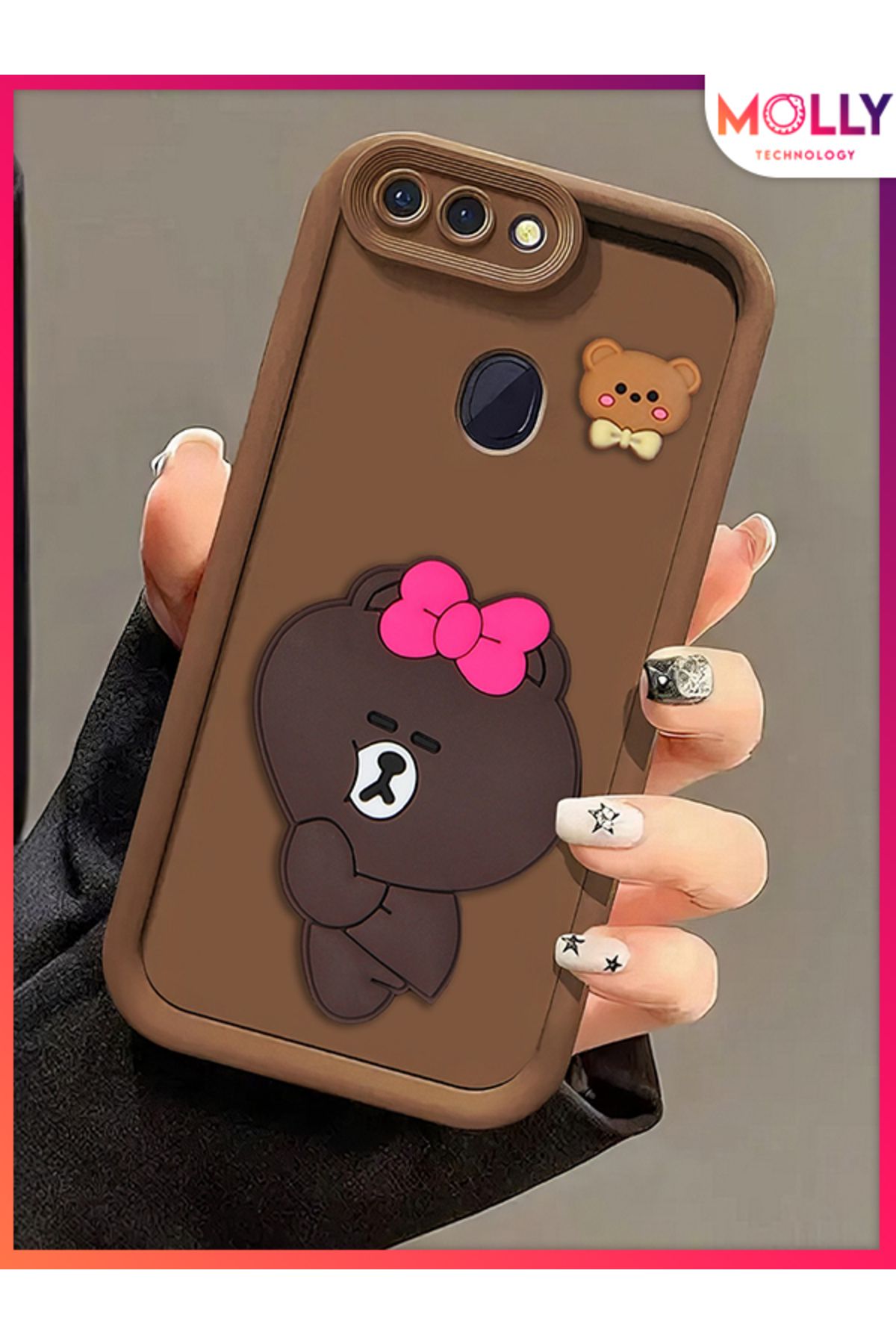Molly Oppo A5s İçin Fallow Brown Kenarları Kalın 3d Kabartmalı Alice Bear Silikon Kılıf